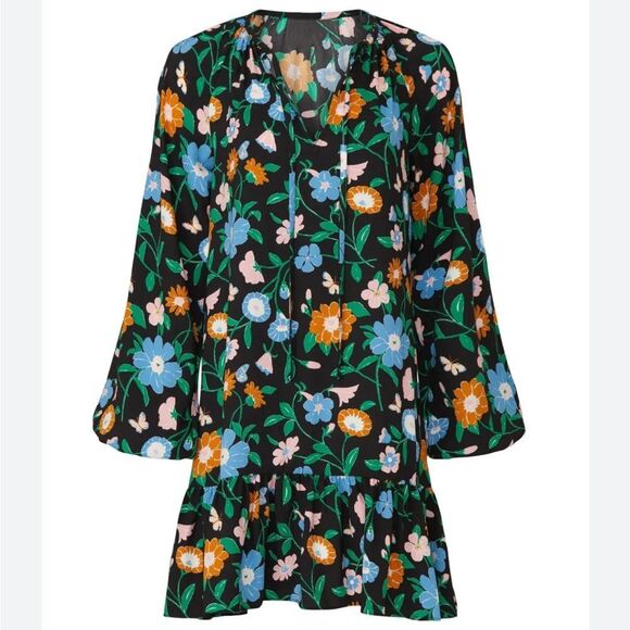 NWT Kate Spade Garden Floral Tie Neck Shift Mini Dress Black Multicolor S $298 - Picture 2 of 8